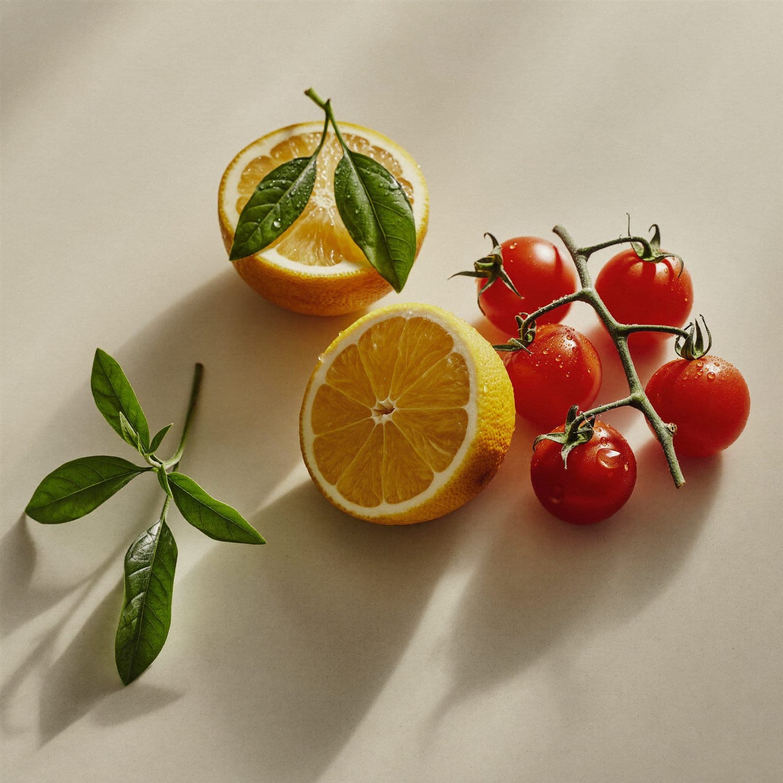 Ingredientes frescos reales: cítricos, hojas verdes y jitomates — nutrición clínica con comida real